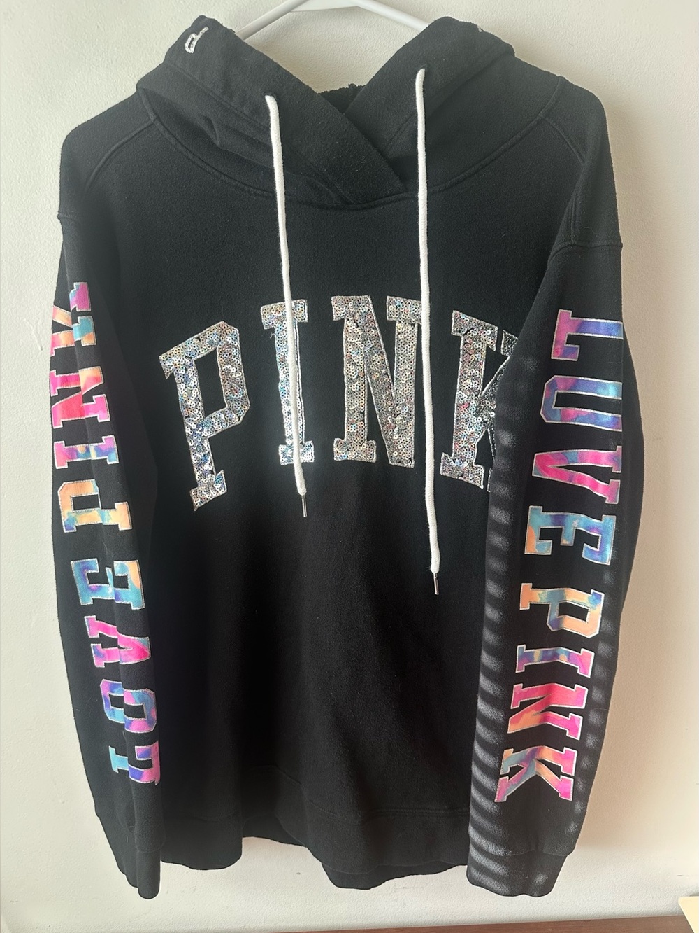 VS Pink Black Rainbow Sequin Bling Watercolor Hoodie M